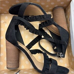 Call It Spring Black Ruffle Strap Block Heel Sandals